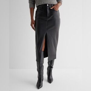 EXPRESS Black Leather Center Slit Midi Pencil Skirt